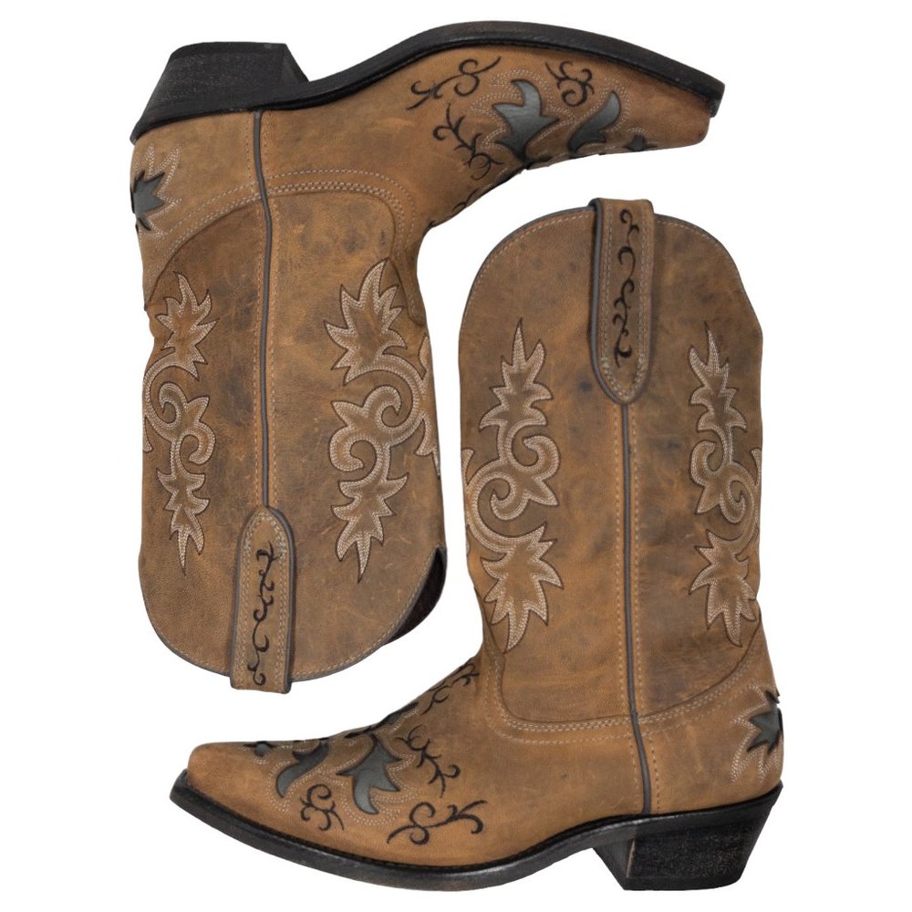 Rockin' Country Tan Black Leather Mid Calf Western Boots Mens Size 10.5 D